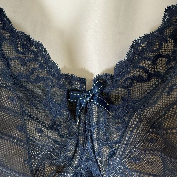 Chantelle Bra Women's 38DDD Blue Floral Lace Hook Eye Mesh Back Adjustable - Picture 2 of 12